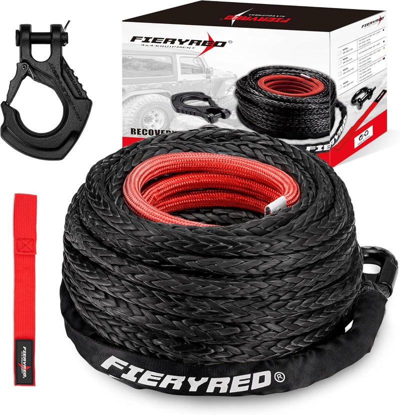 FIERYRED 3/8inch 92FT 23809 LBS Synthetic Winch Rope Cable Kit with Forged Hook and Strap, Winch Line Replacement for 12000-16000LBS Winch 4WD Off-Road Vehicle Jeep Truck SUV - Image 1